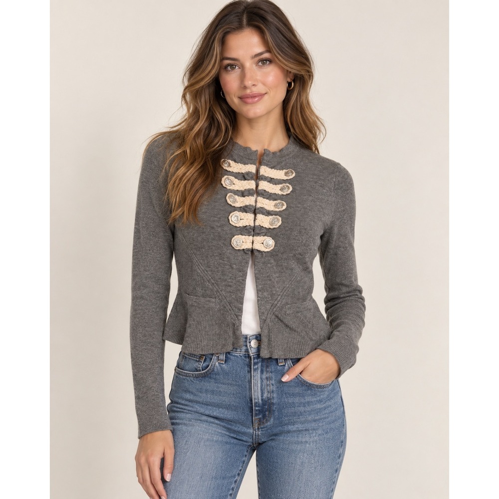 Lola & Liza Grey Military Cardigan Rope Frog Button Knit Jacket Medium